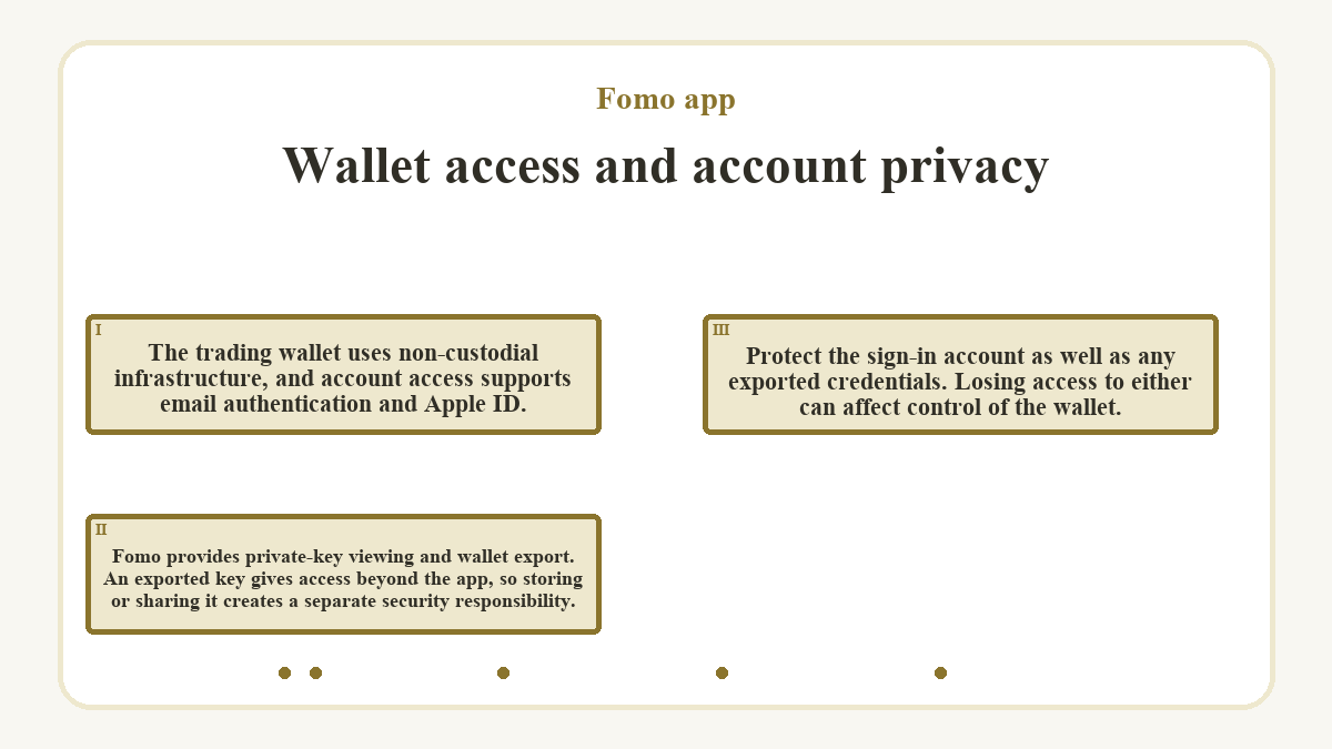 Wallet access and account privacy: The trading wallet uses non-custodial infrastructure, and account access supports email authentication and Apple ID.; Fomo provides private-key viewing and wallet export. An exported key gives access beyond the app, so storing or sharing it creates a separate security responsibility.; Protect the sign-in account as well as any exported credentials. Losing access to either can affect control of the wallet.