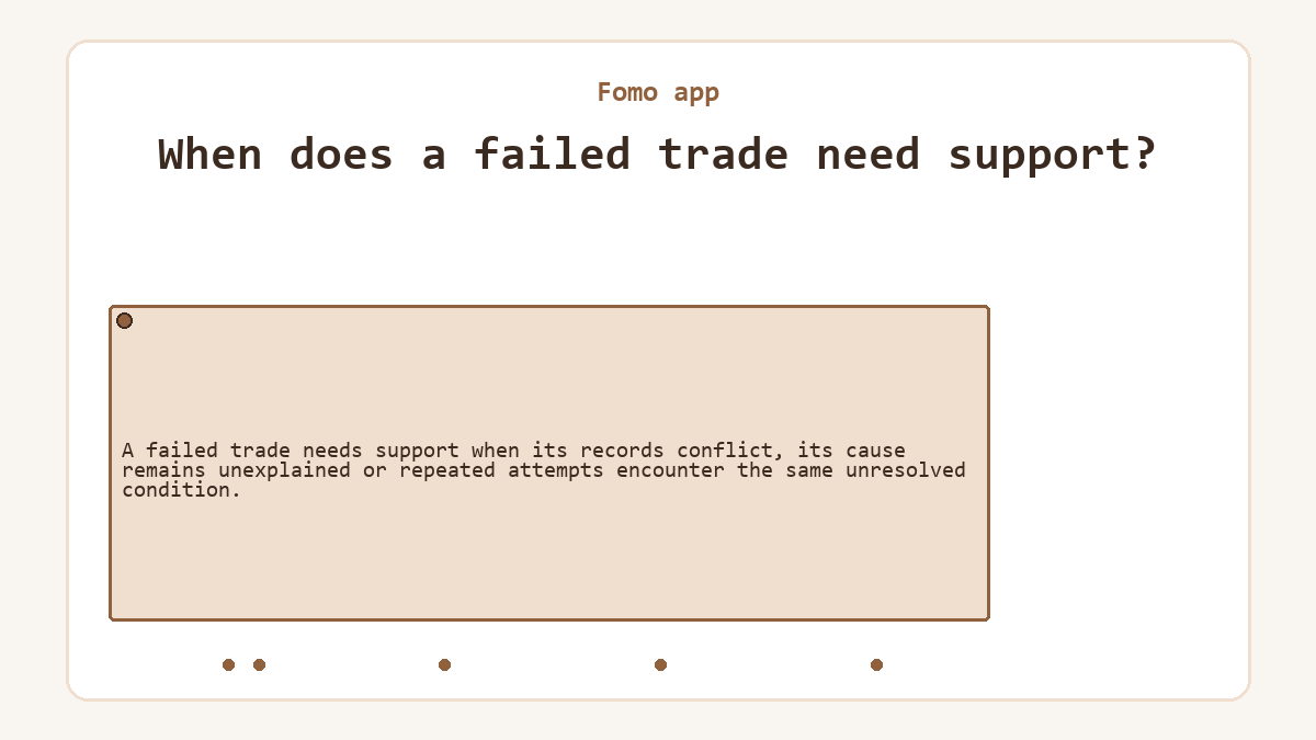 When does a failed trade need support?: A failed trade needs support when its records conflict, its cause remains unexplained or repeated attempts encounter the same unresolved condition.